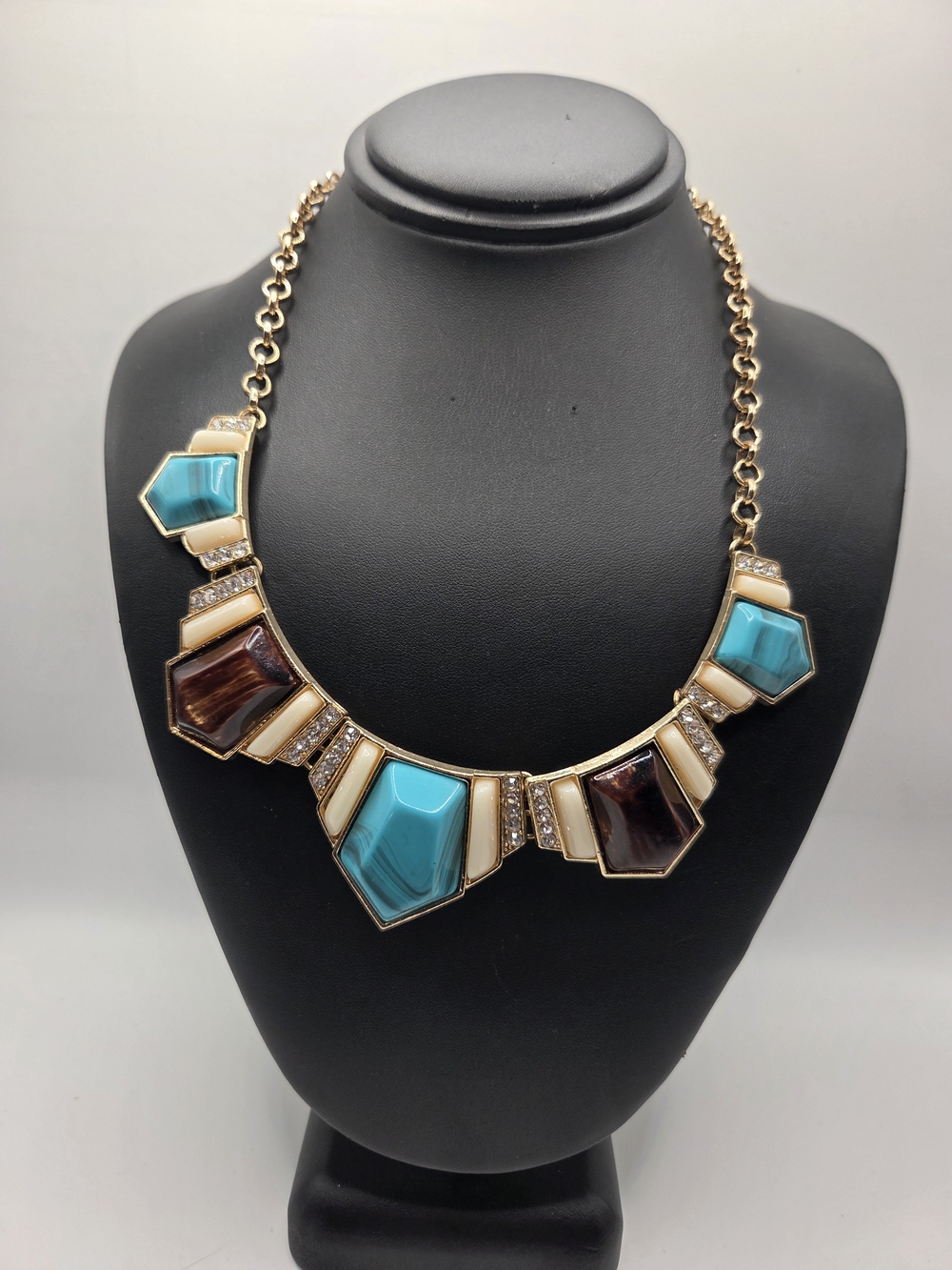 1511. Gold Tone Statement Necklace with Turquoise & Brown Inlays